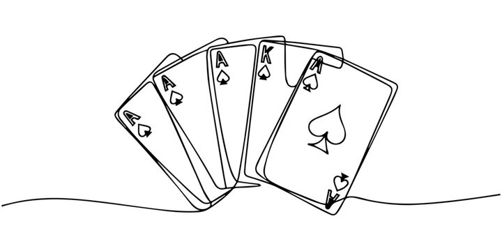 Single one line drawing set of four aces playing cards suits. Winning poker hand. Set of hearts, spades, clubs, diamonds ace. Card games. Modern continuous line draw design graphic vector illustration