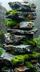 A tall stack of flat rocks with moss on a foggy day