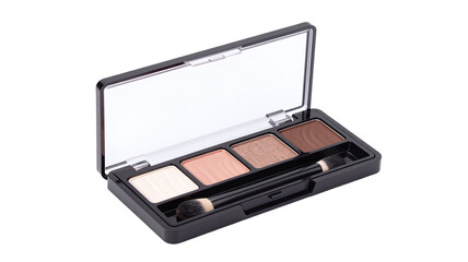 Neutral eyeshadow palette with applicator, showcasing natural beauty and makeup essentials on white backdrop