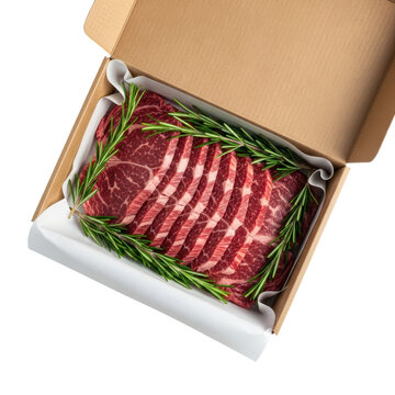 Raw meat in box, fresh beef slices packed in cardboard container