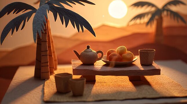 Serene desert oasis with tea and dates at sunset. Ramadan and Chinese New Year