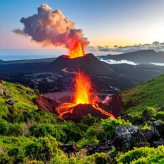 A volcano erupts with lava and smoke