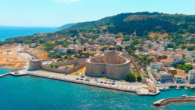Kilitbahir, Turkey. Kilitbahir Castle, a unique clover-shaped Ottoman fortress on the coast of the Dardanelles Strait. Aerial View