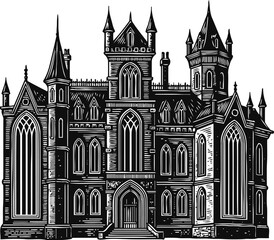 Fototapeta premium Gothic castle with tall spires and arched windows detailed black and white illustration