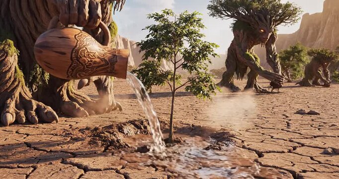 Giant tree creatures nurturing a small sapling in a dry, cracked landscape under a bright sky