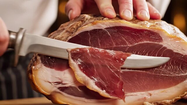 Chef slicing thin prosciutto ham 4K Video