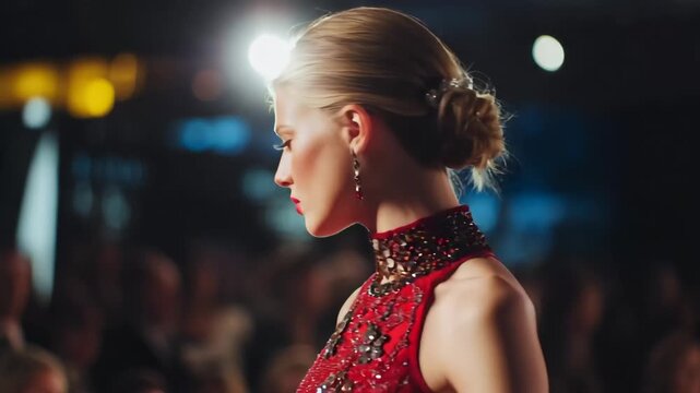 A model walks the runway in a striking red dress during a fashion show, showcasing the latest trends.