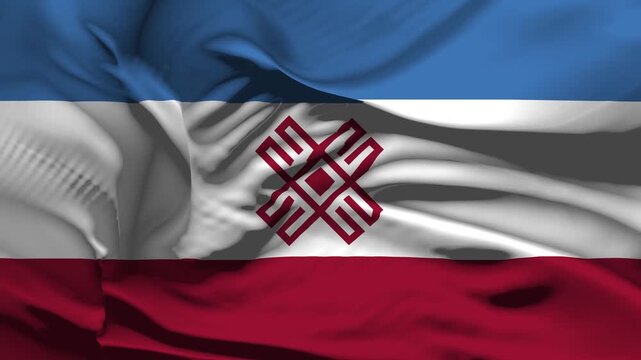 Closeup Mari El Republic Flag Wave Loop waving in wind Realistic Mari El Republic Flag background