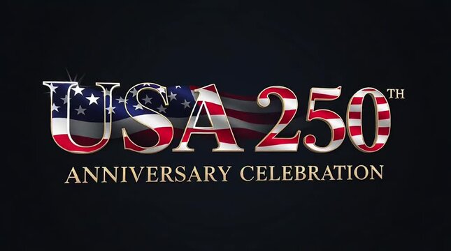 USA 250th Anniversary Celebration Logo with Waving American Flag Background