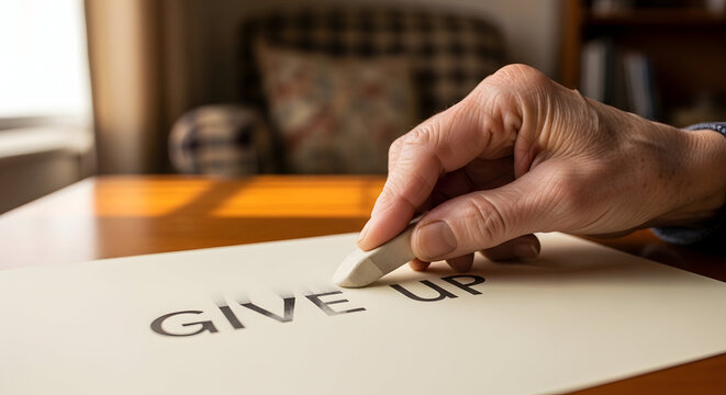 hand using an eraser to remove the word give up on paper to represent perseverance and a positive mindset shift for success.