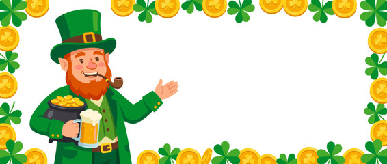 Fototapeta premium Cheerful leprechaun banner with shamrocks and gold coins, St Patrick’s Day design on transparent background