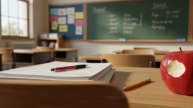 Classroom Scene with Apple and School Supplies Still Life.