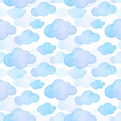 Fototapeta premium cute watercolor childish seamless pattern with blue clouds on white background. print for packaging paper, fabrics, wrapping gifts, scrapbooking wallpaper, textile