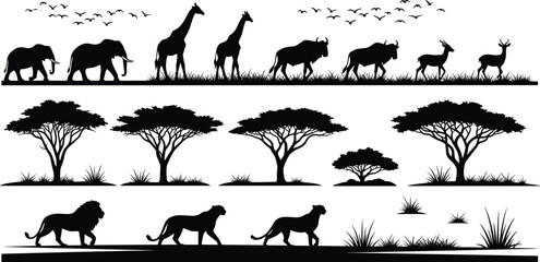 African safari wildlife silhouettes panorama, elephants giraffes antelopes and lions with acacia trees illustration, isolated savanna landscape design © Md