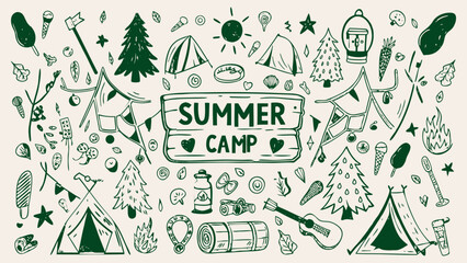 Summer Camp Theme doodle banner illustration in a hand-drawn sketch style, vector illustration. © Fatema