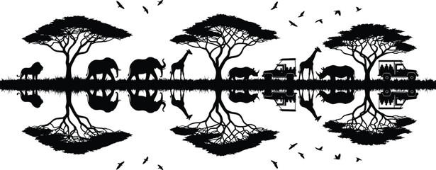 African safari wildlife silhouettes reflection scene, elephants giraffes and rhinos under acacia trees illustration, isolated nature travel conservation design © Md