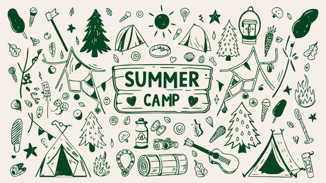 Summer Camp Theme doodle banner illustration in a hand-drawn sketch style, vector illustration.