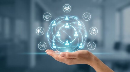 Fototapeta premium Networking, Business, Technology, Teamwork, Human Resources, Connection, Communication concept with female hand holding a glowing holographic sphere of people icons in blurred office.