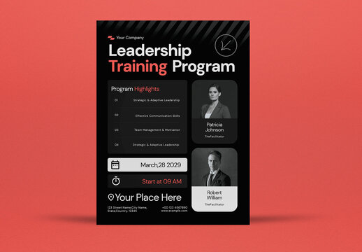 Black And Orange Minimalist Leadership Training Program Flyer Set