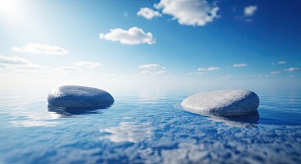 Serene ocean scene with two rocks and a bright sunny sky