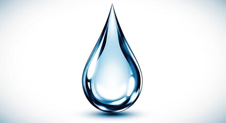 A single transparent blue water droplet on a white background with subtle shading