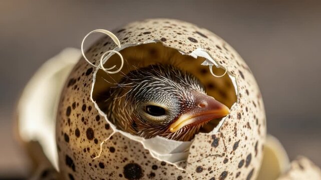 Emergence: A close-up view unveils a newborn bird, its downy feathers emerging from a cracked eggshell. A profound illustration of new life and the wonder of nature's delicate beginning.