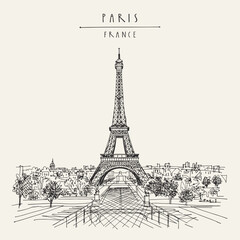 Paris France city skyline vector illustration hand drawn sketch with colored Eiffel Tower and historic architecture isolated on white background for travel design