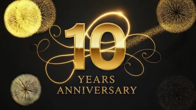 Celebrating a Decade of Excellence: A captivating visual celebrating a momentous anniversary. A grand numeral 10 shines brightly amidst swirling golden accents and celebratory sparks.