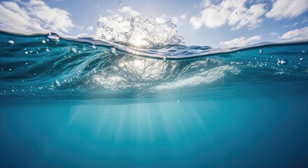 Underwater view of a wave with sunlight shining through the surface of the ocean on a cloudy day