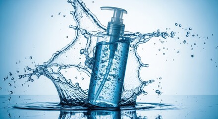 A blue pump dispenser bottle with water splashing around it in a dynamic and refreshing scene
