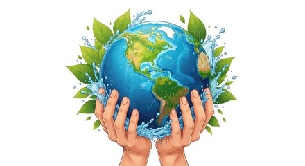 Hands cradling the earth with leaves and water