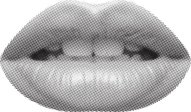 Halftone collage lip art monochromatic dotwork portrait with gradient tones and stippling technique