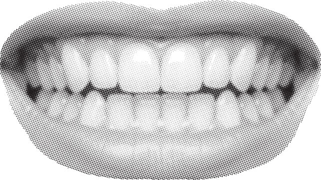 Halftone collage of smiling teeth with detailed texture and pattern