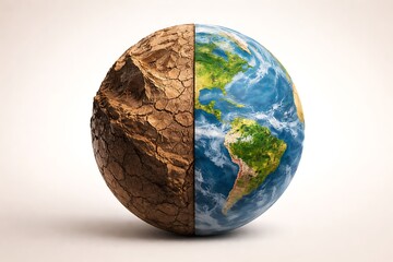 Split earth with cracked and dry land on one side isolated on white background