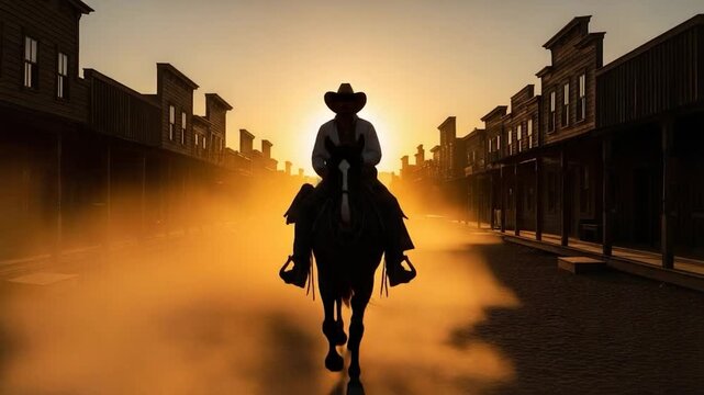 Sunset Cowboy Ride: A lone cowboy on horseback rides through a vintage town street bathed in the warm, golden hues of sunset, creating a scene of timeless Western allure.