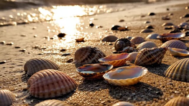 Close-up of seashells on a sandy beach, glistening waves in the background, warm sunset tones