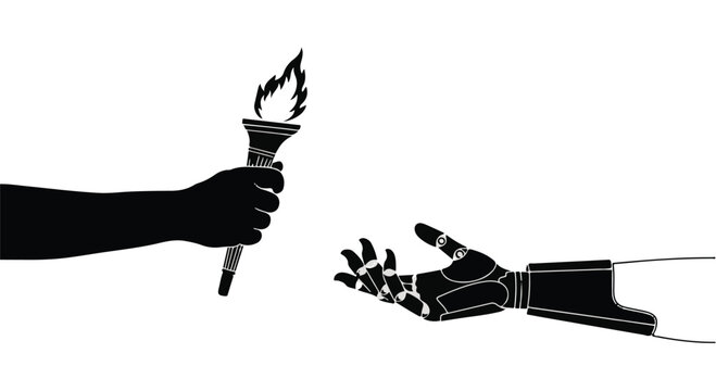 Human hand holding torch reaching out to robotic hand