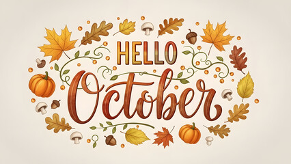 Obraz premium Decorative autumn greeting featuring the words Hello October surrounded by falling leaves pumpkins acorns and mushrooms