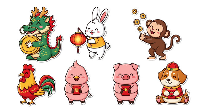 Cartoon animals celebrating festive event with gold coins and lanterns