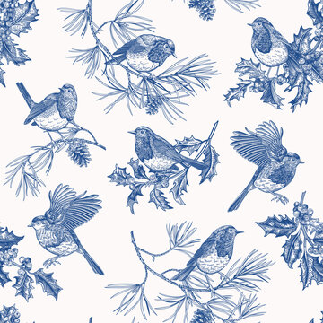 Vintage blue ink seamless pattern with robins, holly, and pine branches. Hand-drawn botanical illustration for Christmas, packaging, textiles, and stationery.