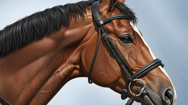 Close up detailed profile of a brown horse wearing a black leather bridle against a soft blue sky background