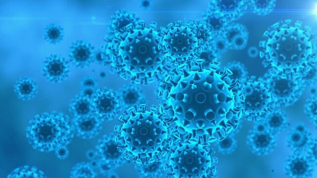 A detailed digitally rendered depiction of coronavirus particles in shades of blue with a bright lens flare on transparent background high quality professional detailed