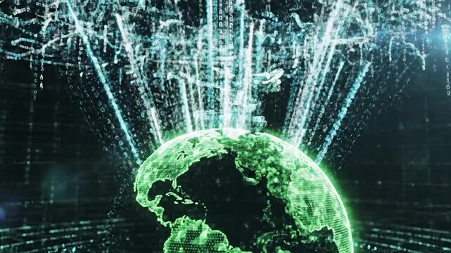 Digital Earth globe with binary code data streams flowing out.