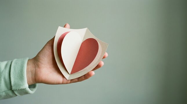 Heart shield, protection, insurance, care, health, security, love. Child hand holding a paper heart shield for emotional safety, family care, and life insurance concepts.