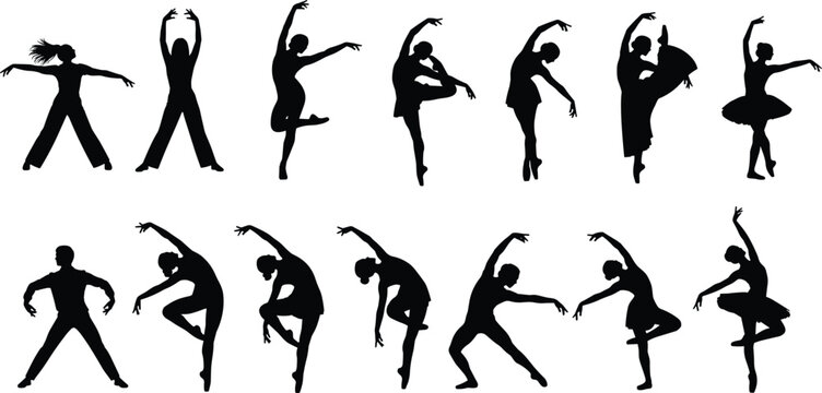 Dance silhouette collection featuring ballet and modern dancers in expressive graceful poses isolated on white background performing arts vector illustration set