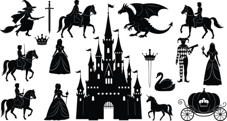 Medieval fairy tale silhouette collection featuring castle knights princess dragon horse carriage and fantasy characters isolated on white background vector set © Md