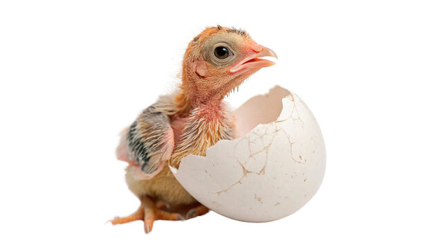 New chick breaks out of eggshell isolated on transparent background cut out