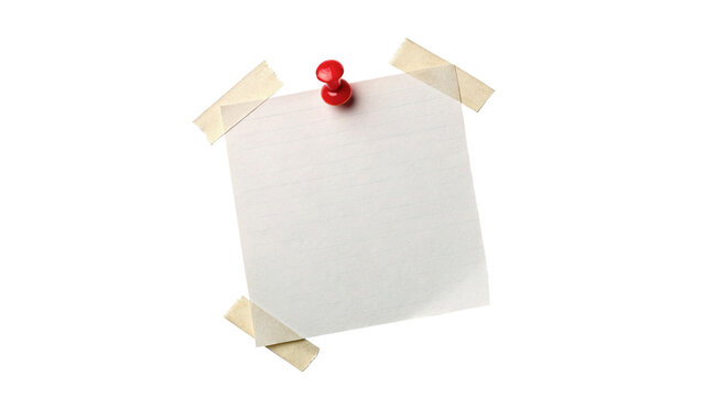 Blank paper pinned to a wall with red thumbtack and tape isolated on transparent background cut out