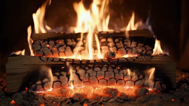 Close-up of a cozy fireplace with burning logs and glowing embers, creating a warm and inviting atmosphere.
