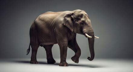 Fototapeta premium A majestic elephant walking alone in a gray environment, viewed from the side